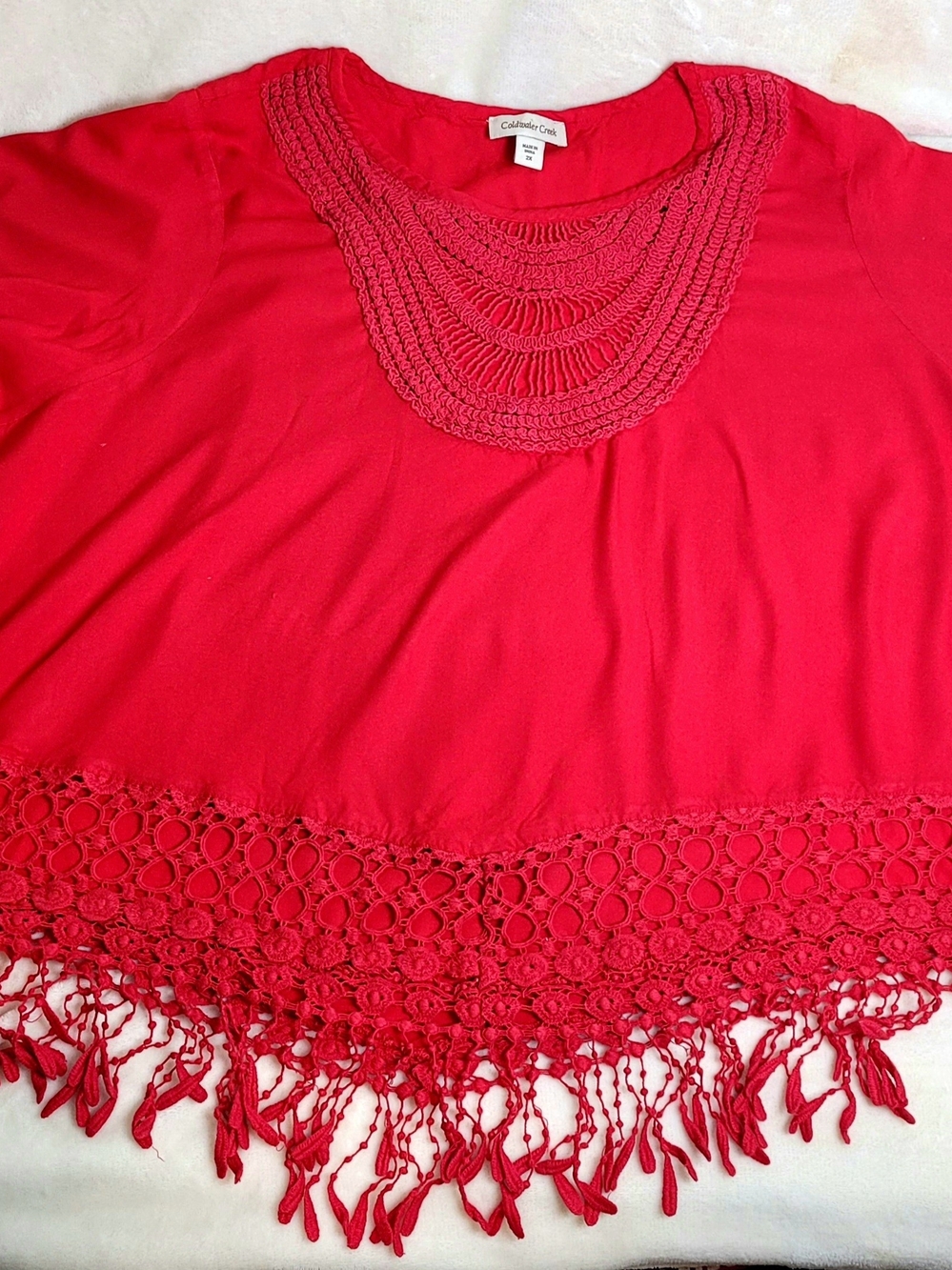 Coldwater Creek Vibrant Red Crochet-Neck & Fringe Tunic